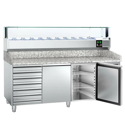 GGM Gastro Commercial Pizza Prep Counter - Granite Top PREMIUM - 2025x800mm - with 2 doors & 7 drawers - incl. refrigerated topping unit with glass sneeze guard LED - 10x GN 1/4