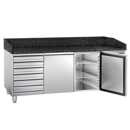 GGM Gastro Commercial Pizza Prep Counter - Granite Top PREMIUM - 2025x800mm - with 2 doors & 7 drawers