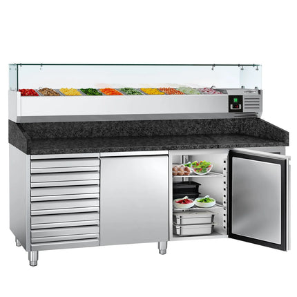 GGM Gastro Commercial Pizza Prep Counter - Granite Top PREMIUM - 2025x800mm - with 2 doors & 7 drawers - incl. refrigerated topping unit with glass sneeze guard - 10x GN 1/4