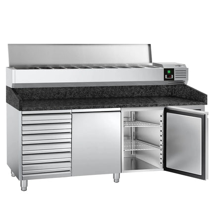 GGM Gastro Commercial Pizza Prep Counter - Granite Top PREMIUM - 2025x800mm - with 2 doors & 7 drawers - incl. refrigerated topping unit - 9x GN 1/3