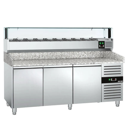GGM Gastro Commercial Pizza Prep Counter - Granite Top PREMIUM - 2025x800mm - with 3 doors - incl. refrigerated topping unit with glass sneeze guard LED - 10x GN 1/3