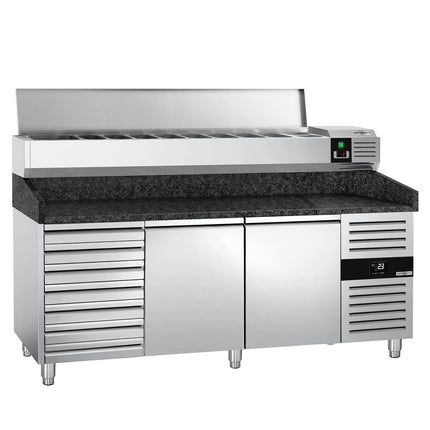 GGM Gastro Commercial Pizza Prep Counter - Granite Top PREMIUM - 2025x800mm - with 2 doors & 7 drawers - incl. refrigerated topping unit - 10x GN 1/4