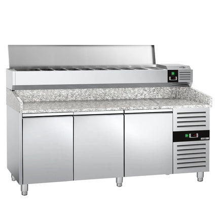 GGM Gastro Commercial Pizza Prep Counter - Granite Top PREMIUM - 2025x800mm - with 3 doors - incl. refrigerated topping unit with glass sneeze guard LED - 10x GN 1/4