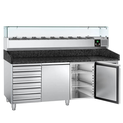 GGM Gastro Commercial Pizza Prep Counter - Granite Top PREMIUM - 2025x800mm - with 2 doors & 7 drawers - incl. refrigerated topping unit with glass sneeze guard - 9x GN 1/3