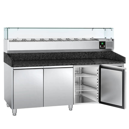 GGM Gastro Commercial Pizza Prep Counter - Granite Top PREMIUM - 2025x800mm - with 3 doors - incl. refrigerated topping unit with glass sneeze guard - 9x GN 1/3
