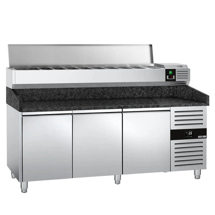 GGM Gastro Commercial Pizza Prep Counter - Granite Top PREMIUM - 2025x800mm - with 3 doors - incl. refrigerated topping unit - 9x GN 1/3