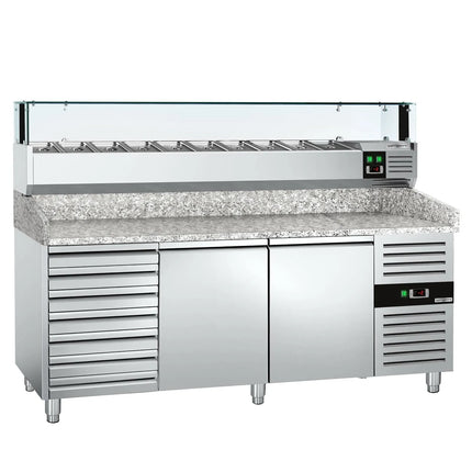 GGM Gastro Commercial Pizza Prep Counter - Granite Top PREMIUM - 2025x800mm - with 2 doors & 7 drawers - incl. refrigerated topping unit with glass sneeze guard LED - 10x GN 1/4