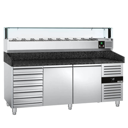 GGM Gastro Commercial Pizza Prep Counter - Granite Top PREMIUM - 2025x800mm - with 2 doors & 7 drawers - incl. refrigerated topping unit with glass sneeze guard LED - 10x GN 1/4