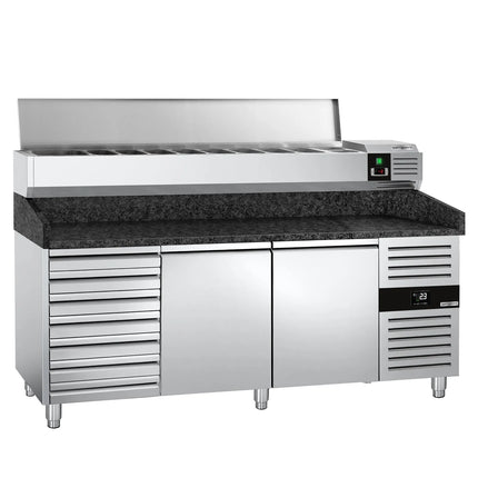 GGM Gastro Commercial Pizza Prep Counter - Granite Top PREMIUM - 2025x800mm - with 2 doors & 7 drawers - incl. refrigerated topping unit - 9x GN 1/3