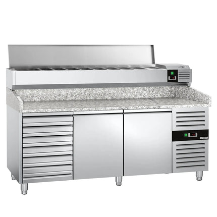 GGM Gastro Commercial Pizza Prep Counter - Granite Top PREMIUM - 2025x800mm - with 2 doors & 7 drawers - incl. refrigerated topping unit with glass sneeze guard LED - 9x GN 1/3