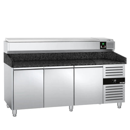 GGM Gastro Commercial Pizza Prep Counter - Granite Top PREMIUM - 2025x800mm - with 3 doors - incl. refrigerated topping unit - 10x GN 1/4