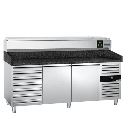 GGM Gastro Commercial Pizza Prep Counter - Granite Top PREMIUM - 2025x800mm - with 2 doors & 7 drawers - incl. refrigerated topping unit - 10x GN 1/4