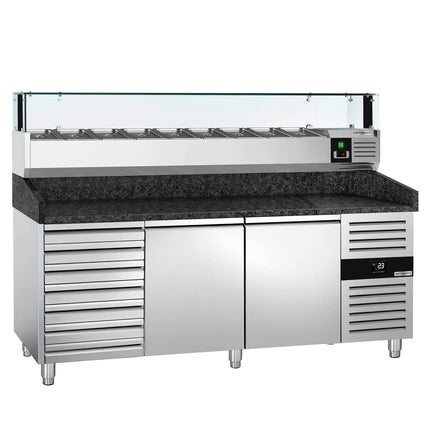 GGM Gastro Commercial Pizza Prep Counter - Granite Top PREMIUM - 2025x800mm - with 2 doors & 7 drawers - incl. refrigerated topping unit with glass sneeze guard LED - 9x GN 1/3