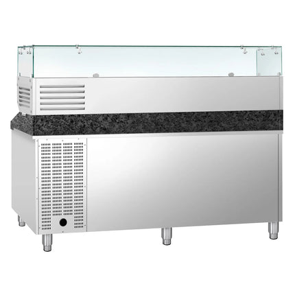 GGM Gastro Commercial Pizza Prep Counter - Granite Top PREMIUM - 2025x800mm - with 3 doors - incl. refrigerated topping unit with glass sneeze guard - 9x GN 1/3