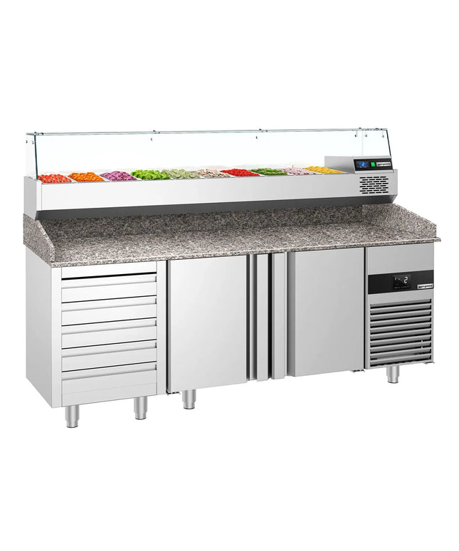 GGM Gastro Commercial Pizza Prep Counter - Granite Top PREMIUM - 2100x800mm - with 2 doors & 5 drawers - incl. refrigerated topping unit with glass sneeze guard - 10x GN 1/3