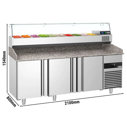 GGM Gastro Commercial Pizza Prep Counter - Granite Top PREMIUM - 2100x800mm - with 3 doors - incl. refrigerated topping unit - 10x GN 1/3