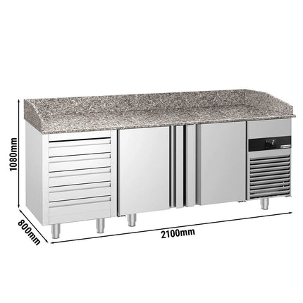 GGM Gastro Commercial Pizza Prep Counter - Granite Top PREMIUM - 2100x800mm - with 2 doors & 5 drawers
