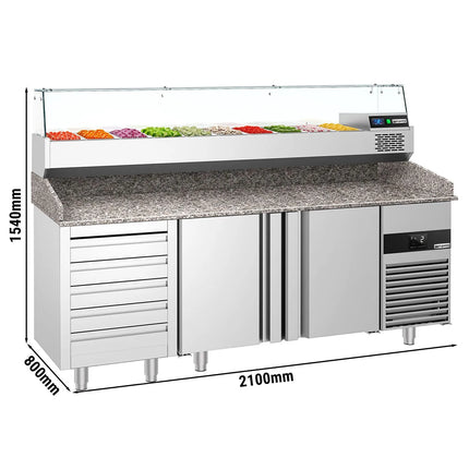 GGM Gastro Commercial Pizza Prep Counter - Granite Top PREMIUM - 2100x800mm - with 2 doors & 5 drawers - incl. refrigerated topping unit with glass sneeze guard - 10x GN 1/3
