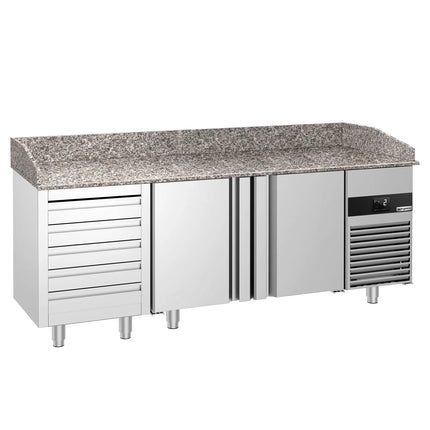 GGM Gastro Commercial Pizza Prep Counter - Granite Top PREMIUM - 2100x800mm - with 2 doors & 5 drawers