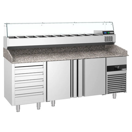 GGM Gastro Commercial Pizza Prep Counter - Granite Top PREMIUM - 2100x800mm - with 2 doors & 5 drawers - incl. refrigerated topping unit with glass sneeze guard - 10x GN 1/3