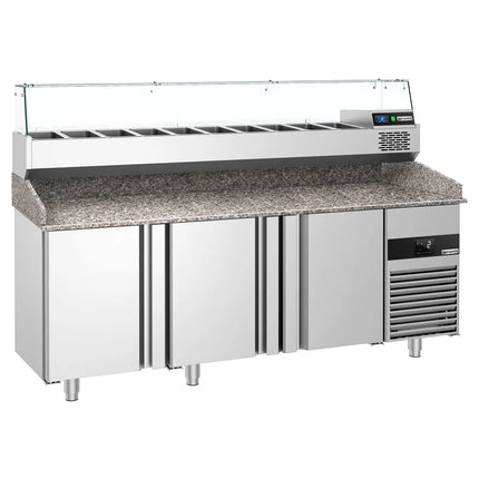 GGM Gastro Commercial Pizza Prep Counter - Granite Top PREMIUM - 2100x800mm - with 3 doors - incl. refrigerated topping unit - 10x GN 1/3