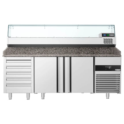 GGM Gastro Commercial Pizza Prep Counter - Granite Top PREMIUM - 2100x800mm - with 2 doors & 5 drawers - incl. refrigerated topping unit with glass sneeze guard - 10x GN 1/3