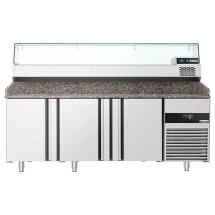 GGM Gastro Commercial Pizza Prep Counter - Granite Top PREMIUM - 2100x800mm - with 3 doors - incl. refrigerated topping unit - 10x GN 1/3