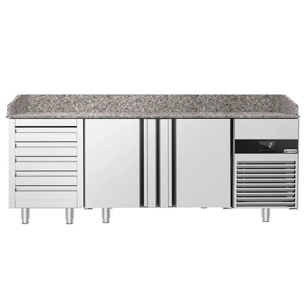 GGM Gastro Commercial Pizza Prep Counter - Granite Top PREMIUM - 2100x800mm - with 2 doors & 5 drawers