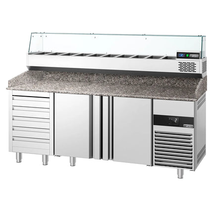 GGM Gastro Commercial Pizza Prep Counter - Granite Top PREMIUM - 2100x800mm - with 2 doors & 5 drawers - incl. refrigerated topping unit with glass sneeze guard - 10x GN 1/3