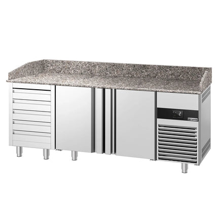 GGM Gastro Commercial Pizza Prep Counter - Granite Top PREMIUM - 2100x800mm - with 2 doors & 5 drawers