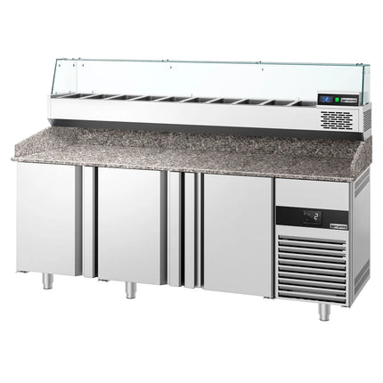 GGM Gastro Commercial Pizza Prep Counter - Granite Top PREMIUM - 2100x800mm - with 3 doors - incl. refrigerated topping unit - 10x GN 1/3