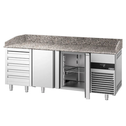 GGM Gastro Commercial Pizza Prep Counter - Granite Top PREMIUM - 2100x800mm - with 2 doors & 5 drawers