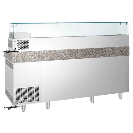 GGM Gastro Commercial Pizza Prep Counter - Granite Top PREMIUM - 2100x800mm - with 2 doors & 5 drawers - incl. refrigerated topping unit with glass sneeze guard - 10x GN 1/3