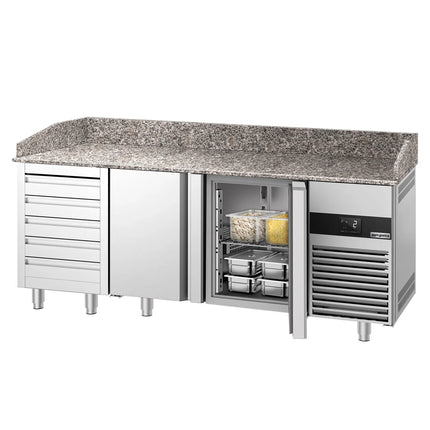 GGM Gastro Commercial Pizza Prep Counter - Granite Top PREMIUM - 2100x800mm - with 2 doors & 5 drawers
