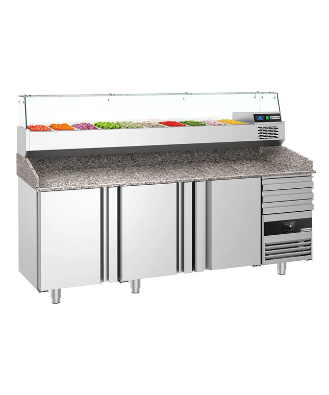 GGM Gastro Commercial Pizza Prep Counter - Granite Top PREMIUM - 2150x800mm - with 3 doors & 3 drawers - incl. refrigerated topping unit with glass sneeze guard - 10x GN 1/3