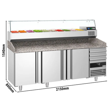 GGM Gastro Commercial Pizza Prep Counter - Granite Top PREMIUM - 2150x800mm - with 3 doors & 3 drawers - incl. refrigerated topping unit with glass sneeze guard - 10x GN 1/3