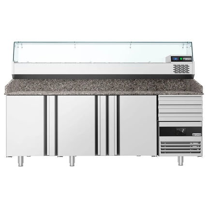 GGM Gastro Commercial Pizza Prep Counter - Granite Top PREMIUM - 2150x800mm - with 3 doors & 3 drawers - incl. refrigerated topping unit with glass sneeze guard - 10x GN 1/3