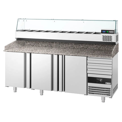 GGM Gastro Commercial Pizza Prep Counter - Granite Top PREMIUM - 2150x800mm - with 3 doors & 3 drawers - incl. refrigerated topping unit with glass sneeze guard - 10x GN 1/3