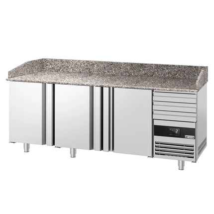 GGM Gastro Commercial Pizza Prep Counter - Granite Top PREMIUM - 2150x800mm - with 3 doors & 3 drawers