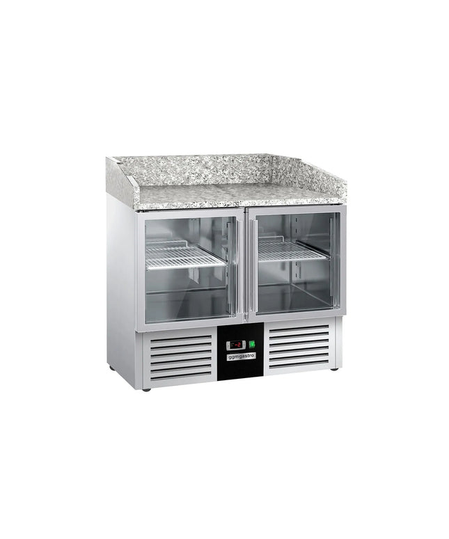 GGM Gastro Commercial Pizza Prep Counter - Granite Top PREMIUM - 935x700mm - with 2 glass doors