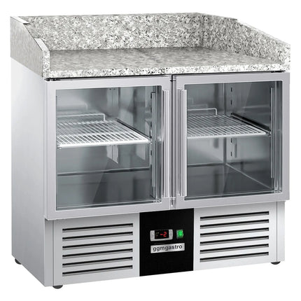 GGM Gastro Commercial Pizza Prep Counter - Granite Top PREMIUM - 935x700mm - with 2 glass doors