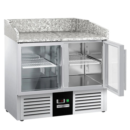 GGM Gastro Commercial Pizza Prep Counter - Granite Top PREMIUM - 935x700mm - with 2 glass doors