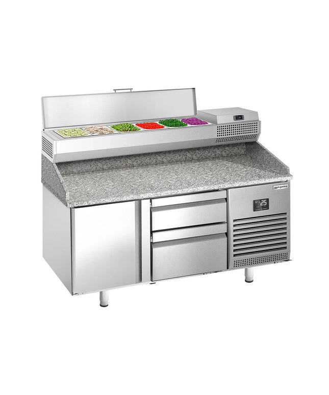 GGM Gastro Commercial Pizza Prep Counter - Granite Top PREMIUM PLUS - 1490x700mm - with 1 doors & 2 drawers - incl. refrigerated topping unit - 6x GN 1/4
