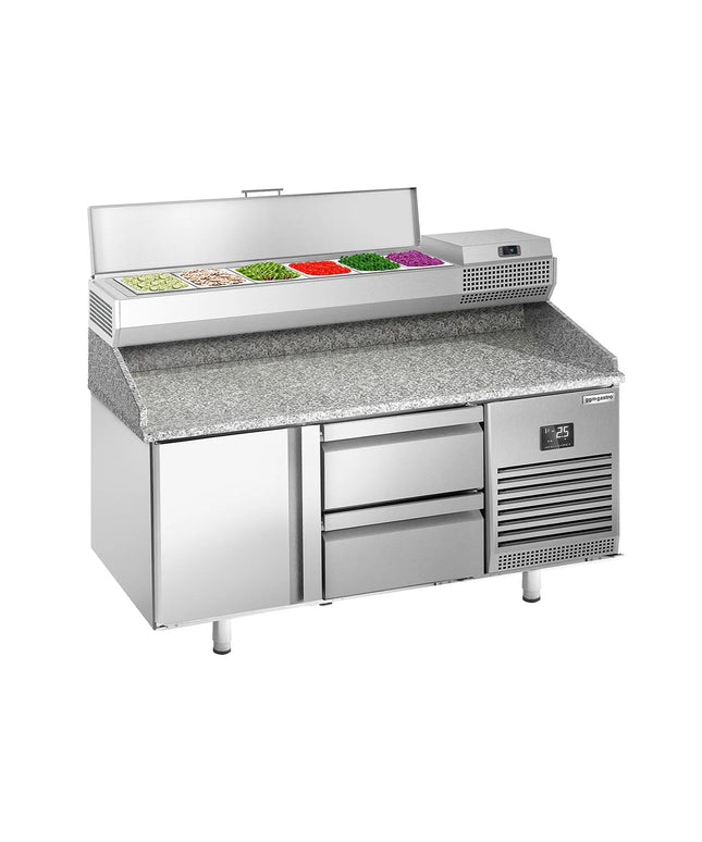 GGM Gastro Commercial Pizza Prep Counter - Granite Top PREMIUM PLUS - 1490x700mm - with 1 doors & 2 drawers - incl. refrigerated topping unit - 6x GN 1/4