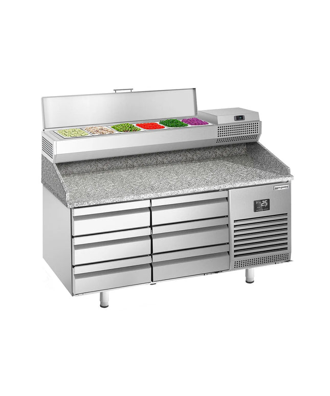 GGM Gastro Commercial Pizza Prep Counter - Granite Top PREMIUM PLUS - 1490x700mm - with 0 doors & 6 drawers - incl. refrigerated topping unit - 6x GN 1/4