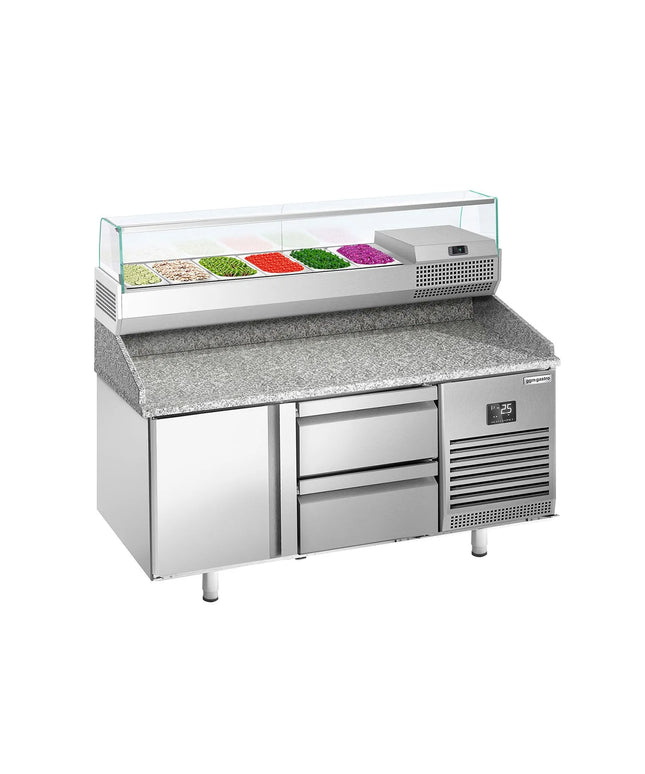 GGM Gastro Commercial Pizza Prep Counter - Granite Top PREMIUM PLUS - 1490x700mm - with 1 doors & 2 drawers - incl. refrigerated topping unit with glass sneeze guard - 6x GN 1/4