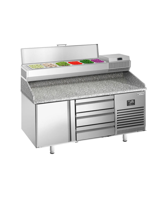 GGM Gastro Commercial Pizza Prep Counter - Granite Top PREMIUM PLUS - 1490x700mm - with 1 doors & 3 drawers - incl. refrigerated topping unit - 6x GN 1/4