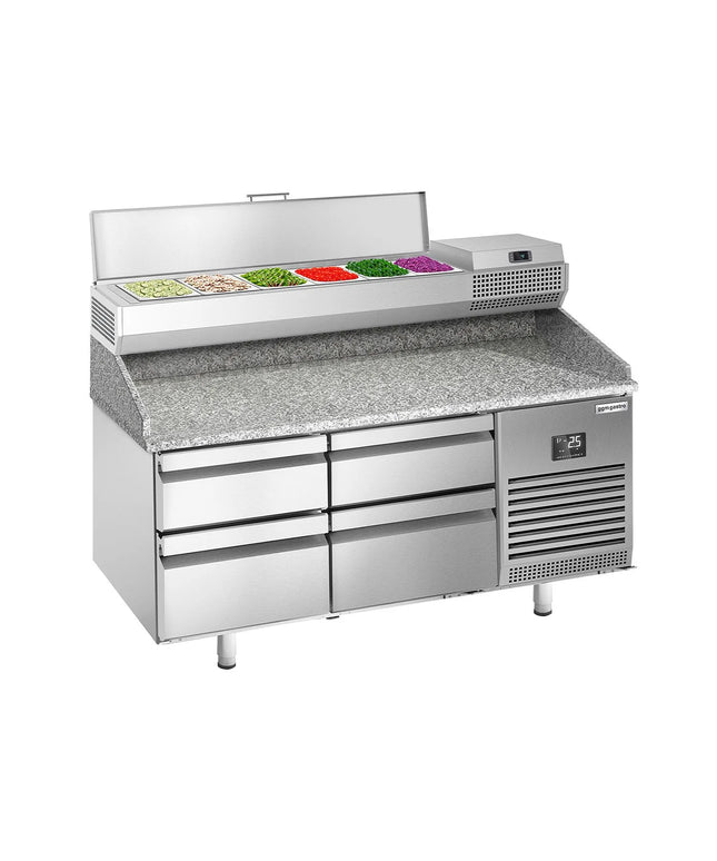 GGM Gastro Commercial Pizza Prep Counter - Granite Top PREMIUM PLUS - 1490x700mm - with 0 doors & 4 dough drawers - incl. refrigerated topping unit - 6x GN 1/4