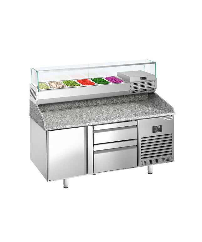 GGM Gastro Commercial Pizza Prep Counter - Granite Top PREMIUM PLUS - 1490x700mm - with 1 doors & 2 drawers - incl. refrigerated topping unit with glass sneeze guard - 6x GN 1/4