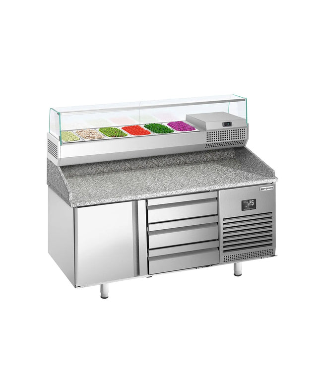 GGM Gastro Commercial Pizza Prep Counter - Granite Top PREMIUM PLUS - 1490x700mm - with 1 doors & 3 drawers - incl. refrigerated topping unit with glass sneeze guard - 6x GN 1/4